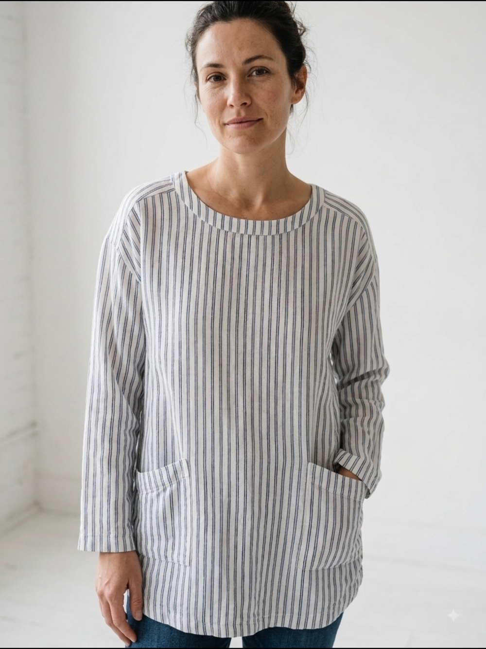 Ecote Women's Linen Blend Striped Long-Sleeve Tunic Top Lagenlook Nautical